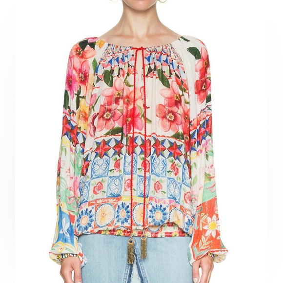 Desigual Tops - Desigual bright Carola floral boho chic peasant blouse top with beaded tassel